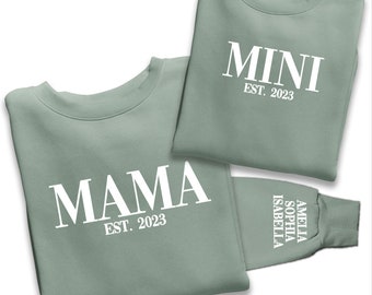 Personalised Mama and Mini EST Sweatshirt, Name On The Sleeve Mother's Day Gift, Mummy Birthday Gift, New Mum Gift