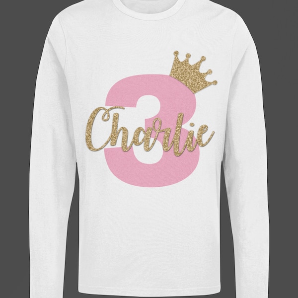 Birthday T-Shirt Personalised 3rd 4th 5th 6th Long Sleeve T-Shirt White With Pink & Gold Glitter Name and Any Age