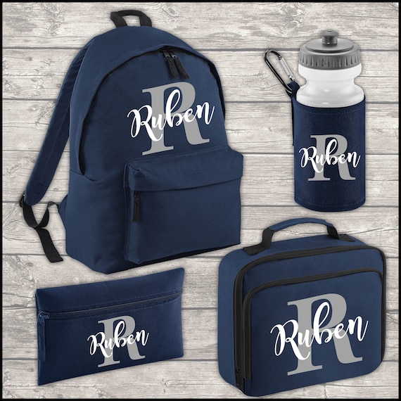 Personalised Backpack Kids 18 Litre Boys Girls Initial Name Lunch Bag Water Bottle and Pencil Case PE Bag School Bag Back to School Navy Etsy