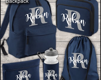 Personalised Backpack Kids 18 12 or 9 Litre Boys Girls Initial Name Lunch Bag Water Bottle Pencil Case School PE Bag Back To School Navy