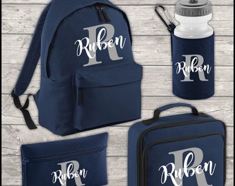 Personalised Initial and Name 9 Litre Backpack Water Bottle and Lunch Bag and FREE Pencil Case Back To School Navy Backpack Kids Mini Size