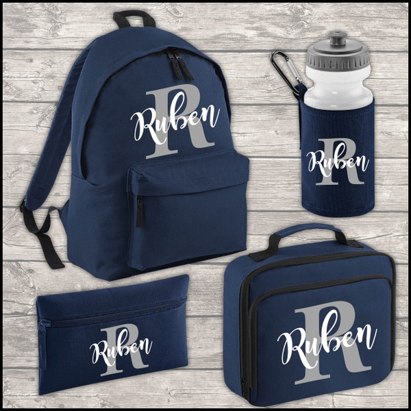 Personalised Initial and Name 9 Litre Backpack Water Bottle and Lunch Bag and FREE Pencil Case Back To School Navy Backpack Kids Mini Size