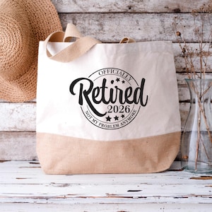 Personalised Retirement Jute Tote Bag | Custom Retired 2026 Gift | Leaving Work Present | Eco Friendly Shopping Bag | Unique Retirement Gift Bild 1