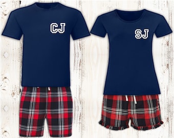 Personalised  Matching Pyjamas Initials Gifts Red Tartan Couples Matching Pajamas Set Wedding Anniversary Gift