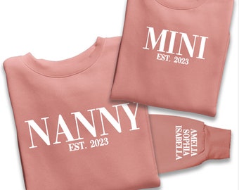 Personalised Nanny and Mini EST Sweatshirt, Name On The Sleeve Mother's Day Gift, Nanny Birthday Gift, New Nanny Gift