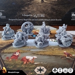 May include: A collection of gray miniature vehicles and figures, likely for a board game. The figures include soldiers riding on various mechanical contraptions. The game board background features the text "A Sequel to SCYTHE" and "MeepleForge".