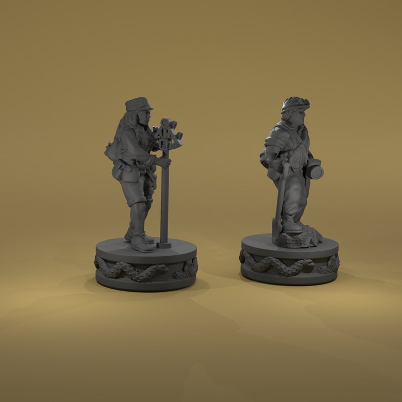 May include: Two gray painted miniature figures of people standing on round bases with a snake design. The figures are wearing clothing and carrying tools.