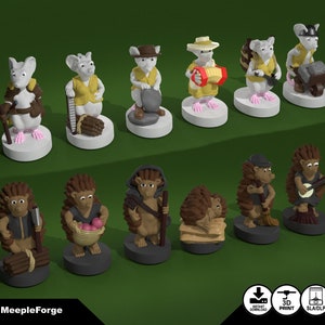 May include: A set of 11 3D printed miniature figurines of mice and hedgehogs. The mice are painted white, grey, and brown, and the hedgehogs are painted brown. The figurines are all standing on small bases. The figurines are part of a tabletop game.