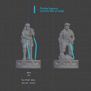 May include: Two gray 3D printed miniature figures of people wearing explorer gear, standing on circular bases. The figures are 28 mm tall and are printed at a 1:64 scale. The text "Printing Supports (remove after printing)" is visible in the image.