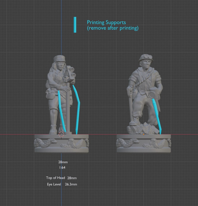 May include: Two gray 3D printed miniature figures of people wearing explorer gear, standing on circular bases. The figures are 28 mm tall and are printed at a 1:64 scale. The text "Printing Supports (remove after printing)" is visible in the image.