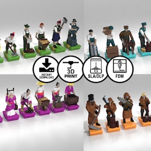 Peut inclure: Un ensemble de figurines miniatures imprimées en 3D représentant différentes professions. Les figurines sont peintes de différentes couleurs et sont posées sur de petites bases. Les figurines sont disposées en trois rangées, chaque rangée représentant une profession différente. La première rangée présente des figurines de fermiers, la deuxième rangée présente des figurines de forgerons et la troisième rangée présente des figurines de mineurs.