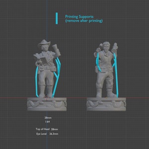May include: Two 3D printed miniature figures, one wearing a hat and holding a book, the other holding a flashlight. The figures are standing on circular bases with a textured design. The text "Printing Supports (remove after printing)" is visible in the image.