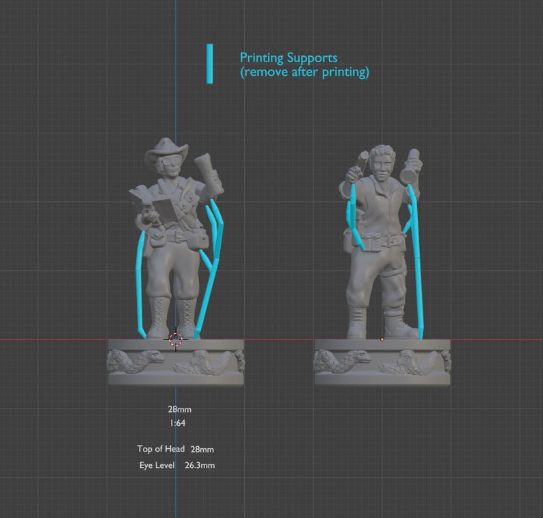 May include: Two 3D printed miniature figures, one wearing a hat and holding a book, the other holding a flashlight. The figures are standing on circular bases with a textured design. The text "Printing Supports (remove after printing)" is visible in the image.
