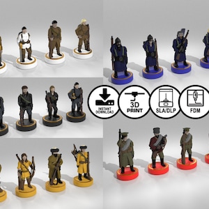 May include: A collection of 3D-printed miniature soldier figurines in various uniforms, each standing on a circular base. The figurines are in different colors, including brown, blue, and yellow. The image also includes icons for instant download, 3D print, SLA/DLP, and FDM.