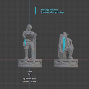 May include: Two gray 3D printed miniature figures of adventurers. The figure on the left is holding a map and a staff. The figure on the right is kneeling and holding a map. Both figures are standing on a base with a decorative design. The figures are 28 mm tall and have printing supports that need to be removed after printing.