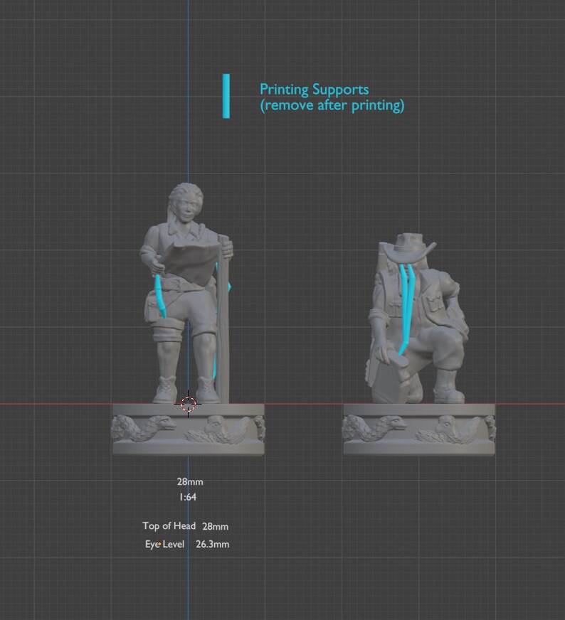 May include: Two gray 3D printed miniature figures of adventurers. The figure on the left is holding a map and a staff. The figure on the right is kneeling and holding a map. Both figures are standing on a base with a decorative design. The figures are 28 mm tall and have printing supports that need to be removed after printing.