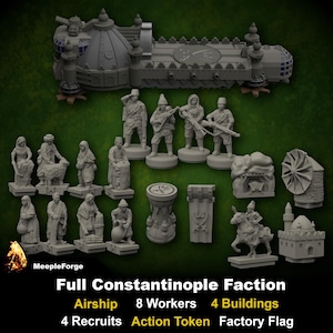 Peut inclure: Un ensemble de figurines de jeu gris intitulé Full Constantinople Faction, comprenant un dirigeable, huit ouvriers, quatre bâtiments, quatre recrues, un jeton d'action et un drapeau d'usine, présentés sur un fond vert foncé.