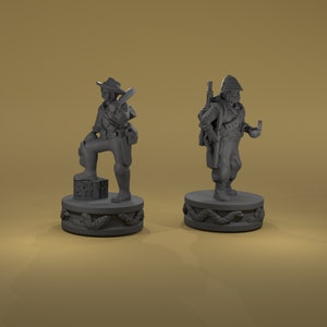 May include: Two gray painted miniature figures, one with a hat and a gun, the other with a helmet and a rifle, standing on circular bases with snake designs.