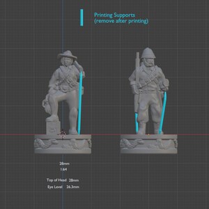 May include: Two gray plastic miniature figures of soldiers standing on circular bases. The figures are 28 mm tall and are printed with supports that need to be removed after printing. The figures are standing on bases with a diameter of 28 mm.