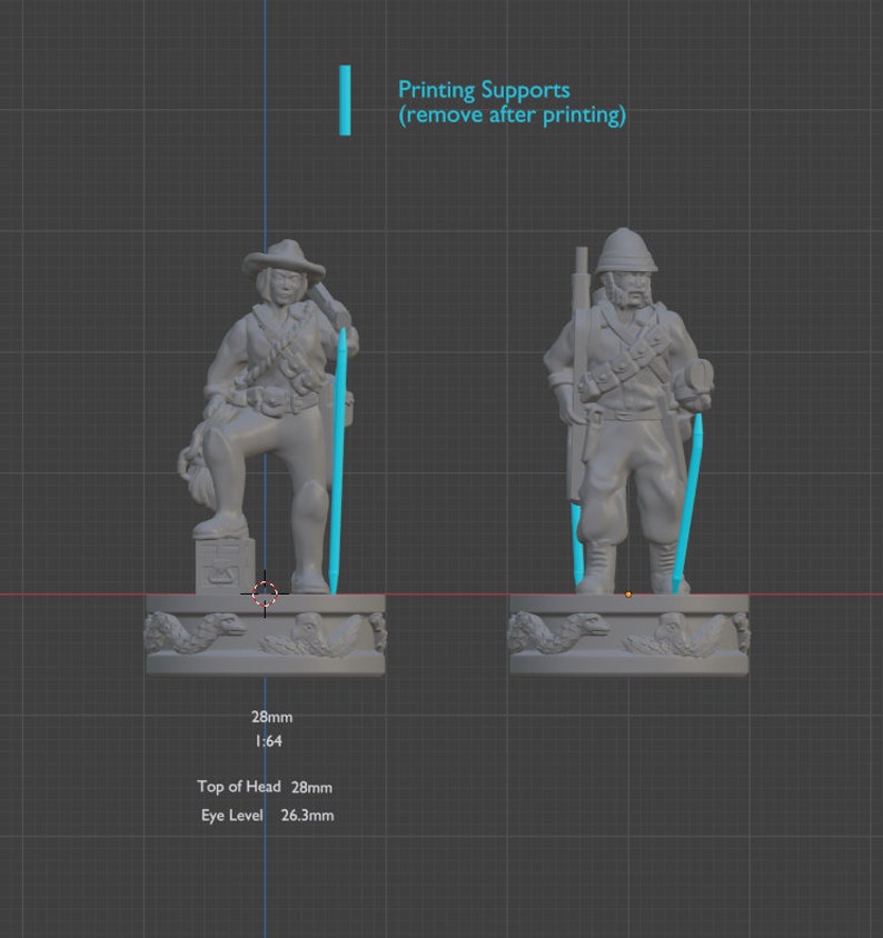 May include: Two gray plastic miniature figures of soldiers standing on circular bases. The figures are 28 mm tall and are printed with supports that need to be removed after printing. The figures are standing on bases with a diameter of 28 mm.