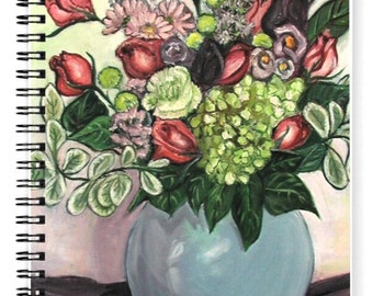Flowers in Light Blue Vase Notebook - Spiral - Ruled - from an original oil on canvas by Duckydaddles