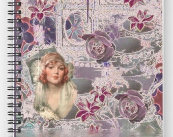 Lady with Purple Flowers Notebook - Spiral - Ruled - Collage by Duckydaddles