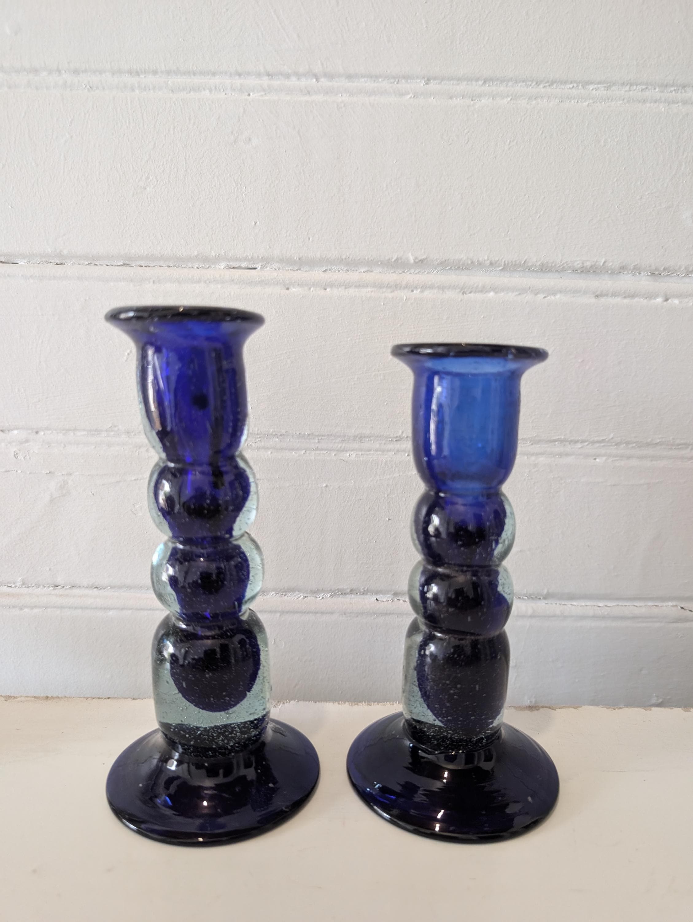 ヴィンテージ コバルトブルー ガラス キャンドルホルダー (ペア