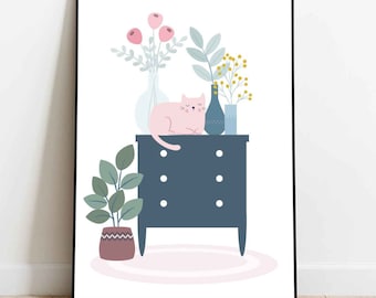 Sleeping cat illustrated A4 high quality gift art print
