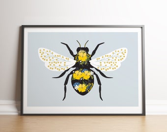 Floral Bee illustrated A4 high quality gift art print