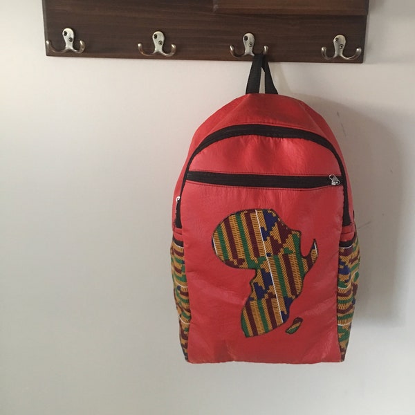 Authentic Leather African Backpacks with Kente Print in Three Colors