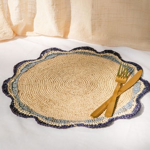 Handwoven Blue Garden Party Placemat - Rustic Woven Raffia Tabletop Decor