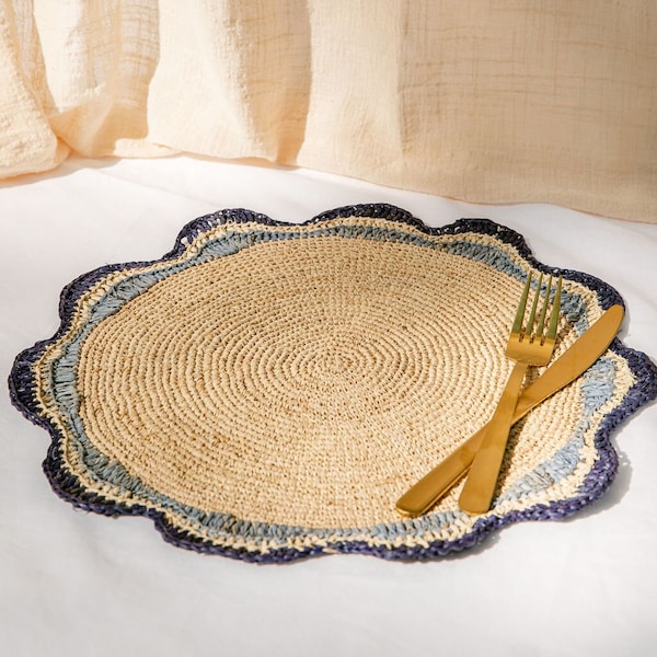 Handwoven Blue Garden Party Placemat - Rustic Woven Raffia Tabletop Decor