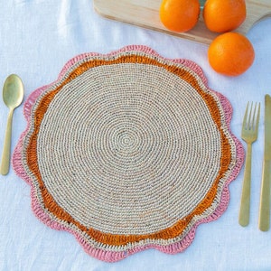 Raffia Round Table Placemats, Colorful Dining Table Decor, Handmade Crochet Placemat, Pink and Orange Placemat Patterns for Round Tables