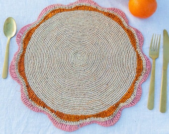 Raffia Round Table Placemats, Colorful Dining Table Decor, Handmade Crochet Placemat, Pink and Orange Placemat Patterns for Round Tables