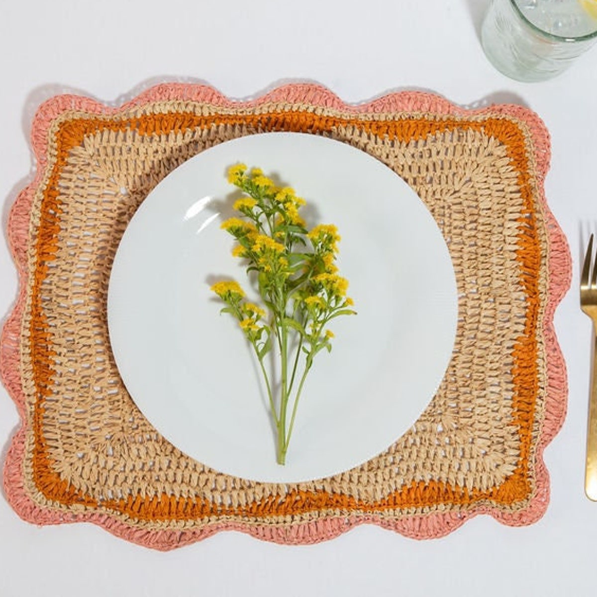 Raffia Rectangular Placemats, Handwoven Placemats, Multicolor Dining Table Decor, Natural Fiber Handmade With Pink Edges, Kitchen Placemat - Etsy