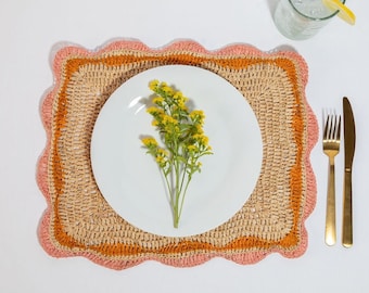 Raffia Rectangular Placemats, Handwoven Placemats, Multicolor Dining Table Decor, Natural Fiber Handmade with Pink Edges, Kitchen Placemat