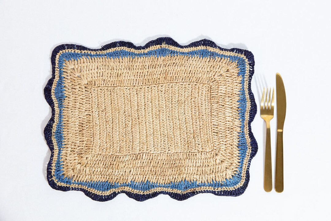 Rectangular Raffia Placemats With Blue Edges, Handmade Woven