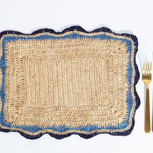 Rectangular Raffia placemats with Blue Edges, Handmade Woven Rectangular Table Mats, Multicolor Placemat for Dining Table, Table mat