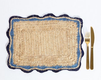 Rectangular Raffia placemats with Blue Edges, Handmade Woven Rectangular Table Mats, Multicolor Placemat for Dining Table, Table mat