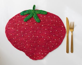 Raffia strawberry placemat, Red placemats, Beaded Placemats, decorative placemat,strawberry crochet,handmade placemats