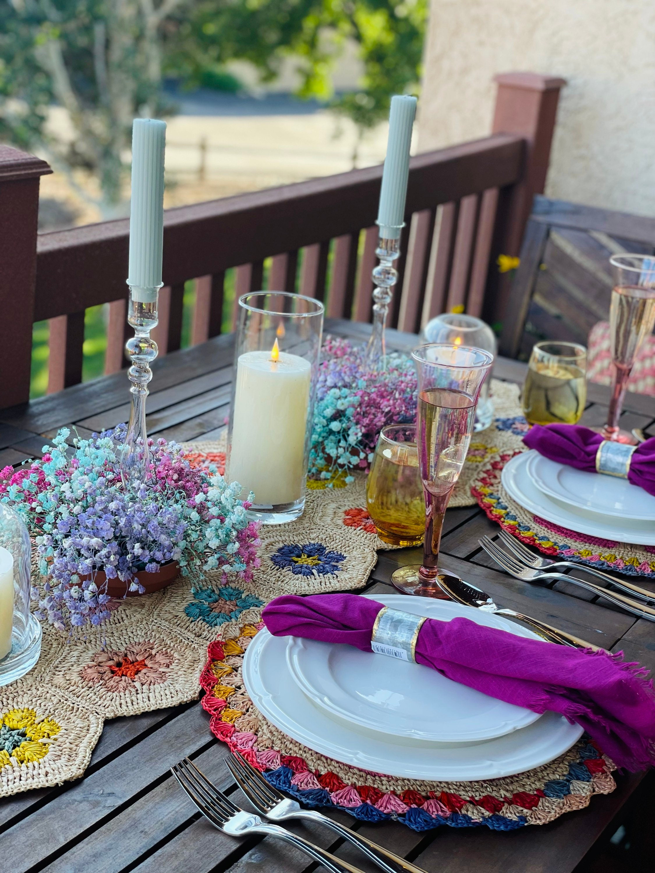 Colorful Raffia Table Runner Handmade Boho Woven Dining Decor