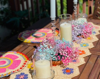 Raffia Crochet Handwoven Flower Table Runner, Table Runner, Flower Runner, Tableware, Handmade in Madagascar