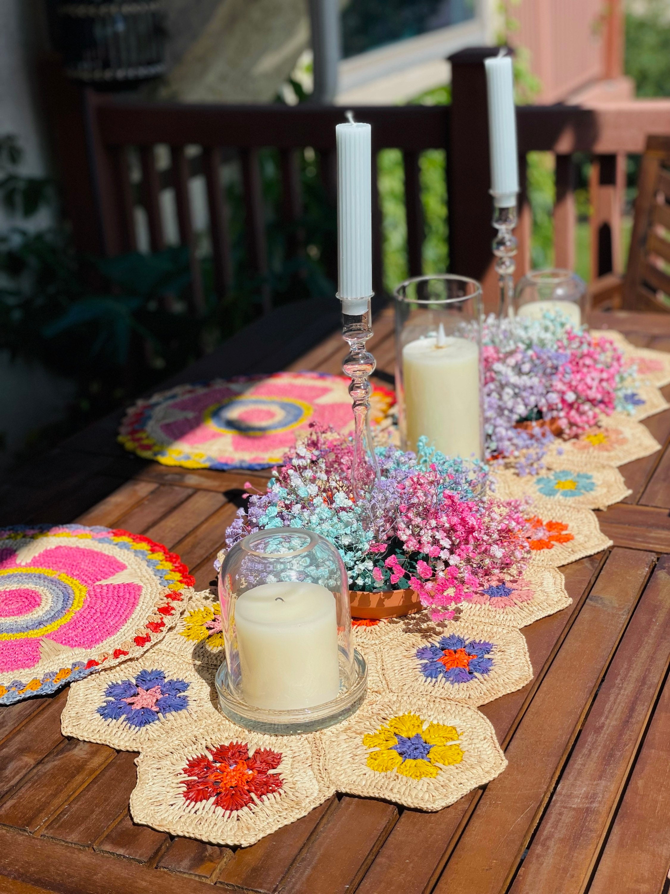 Colorful Raffia Table Runner Handmade Boho Woven Dining Decor
