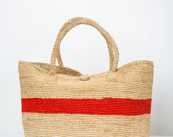 Hand Crochet Raffia Summer Bag, Market Basket Bag for Women, Raffia Crochet Tote Purse, Wood Button Closure Bag, Gift for Her