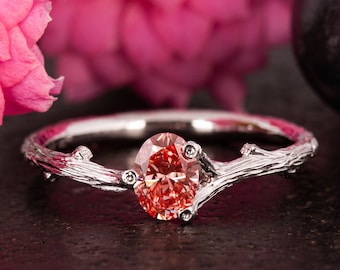 Engagement Ring: Oval Pink Lab Diamond - Nature Inspired Twig Band