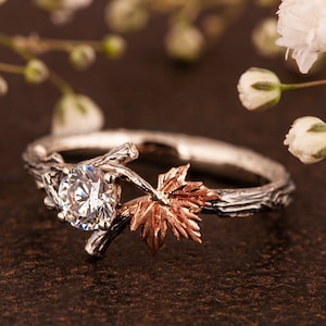 Diamond Twig and Maple Leaf Ring, Moissanite Twig and Maple Leaf Ring