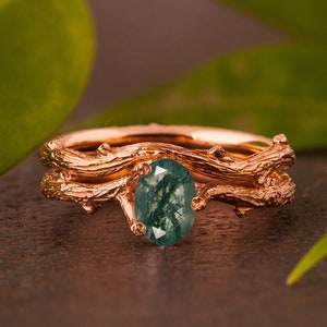 Twig Bridal Set, Oval Green Moss Agate Ring, Moss Agate Tree Ring