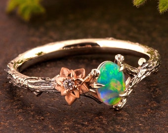 Opal Ring: Delicate Flower and Twig Design (Black Rhodium Detail)