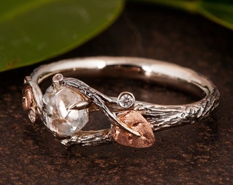 Raw Diamond Ring, Twig and Leaves Engagement Ring