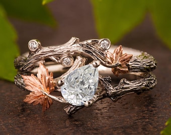 Pear Diamond Twig and Maple Leaf Ring, Pear Moissanite Twig and Maple Leaf Ring